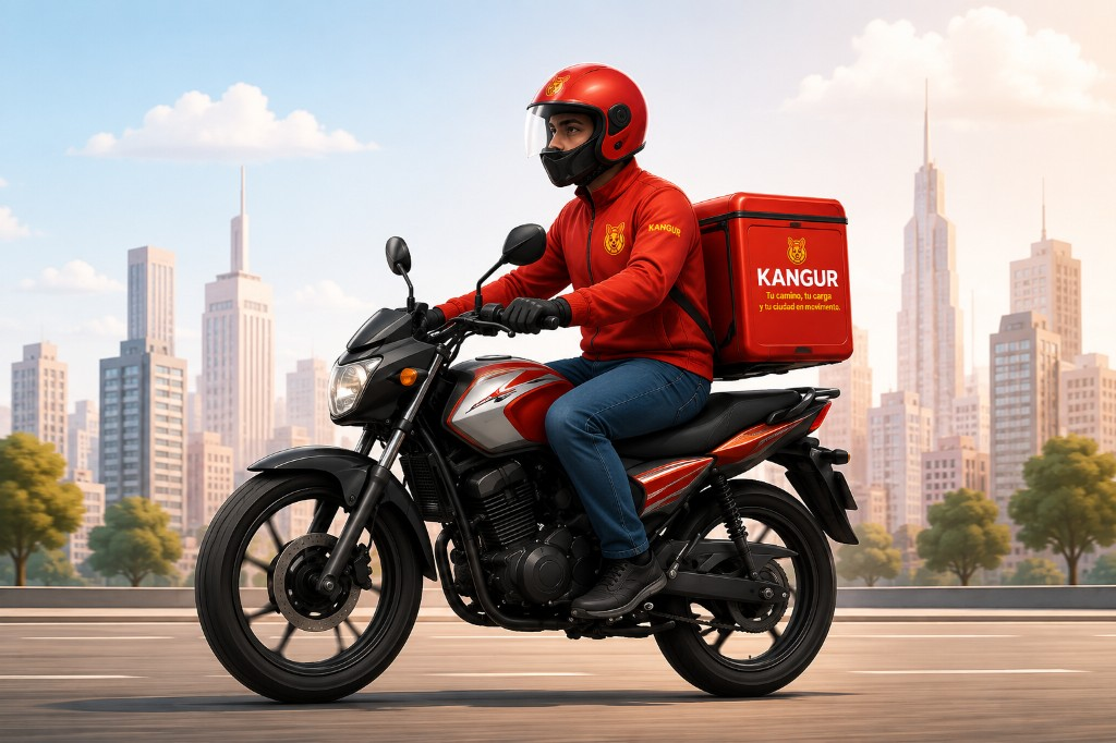 Conductor Kangur en moto con casco y caja de entrega